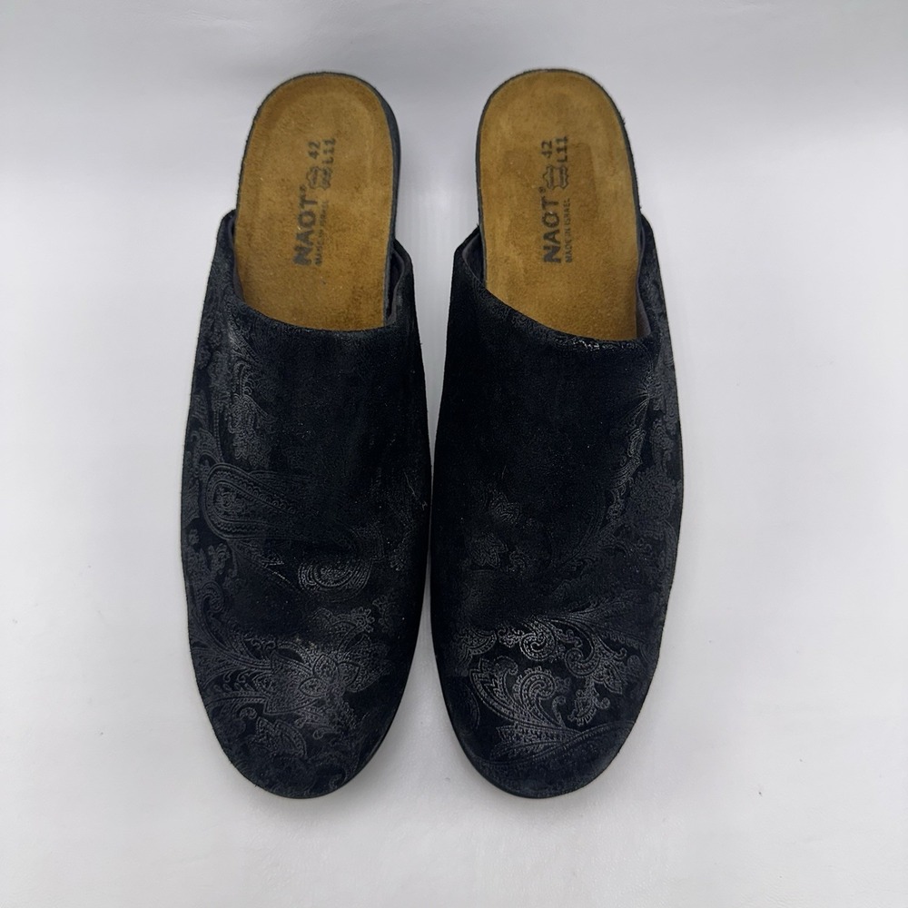 Naot Dream Black Leather Heeled‎ Clog 11/42 Women's Shoes, Suede Madras Print - Picture 3 of 8